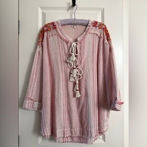 Johnny Was beaded shoulder tassel tie Jacques top cover up cotton